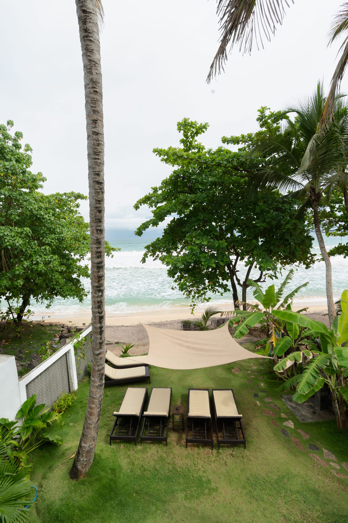 Le jardin planté de cocotiers jusqu’à la plage